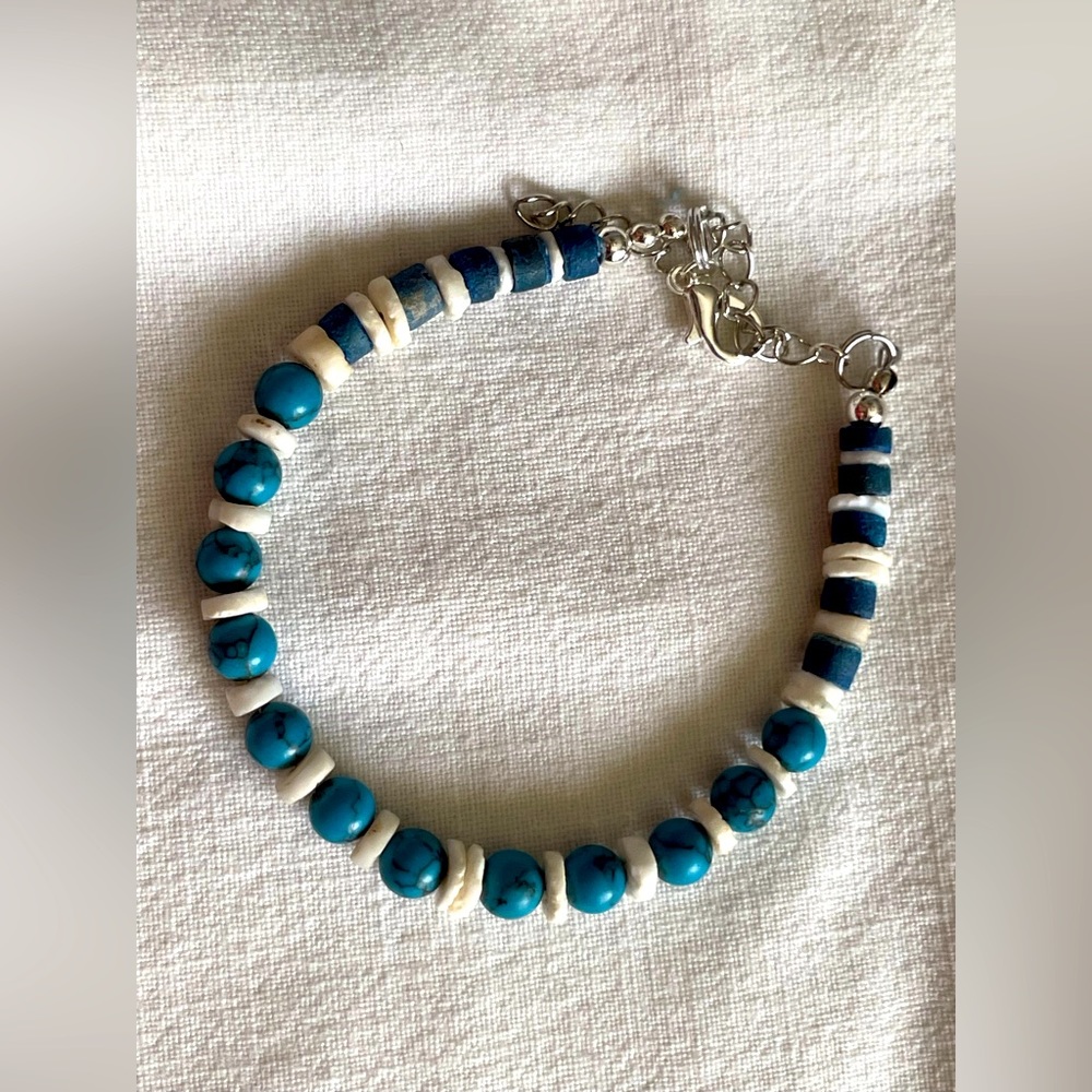 New Blue Turquoise and White Puka Shell Sterling SilverBracelet.